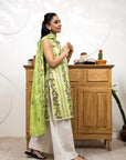 Woman in a green and white traditional outfit standing in front of a wooden cabinet.