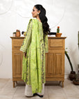 Woman in a green traditional outfit standing in front of a wooden cabinet with decorative plants.
